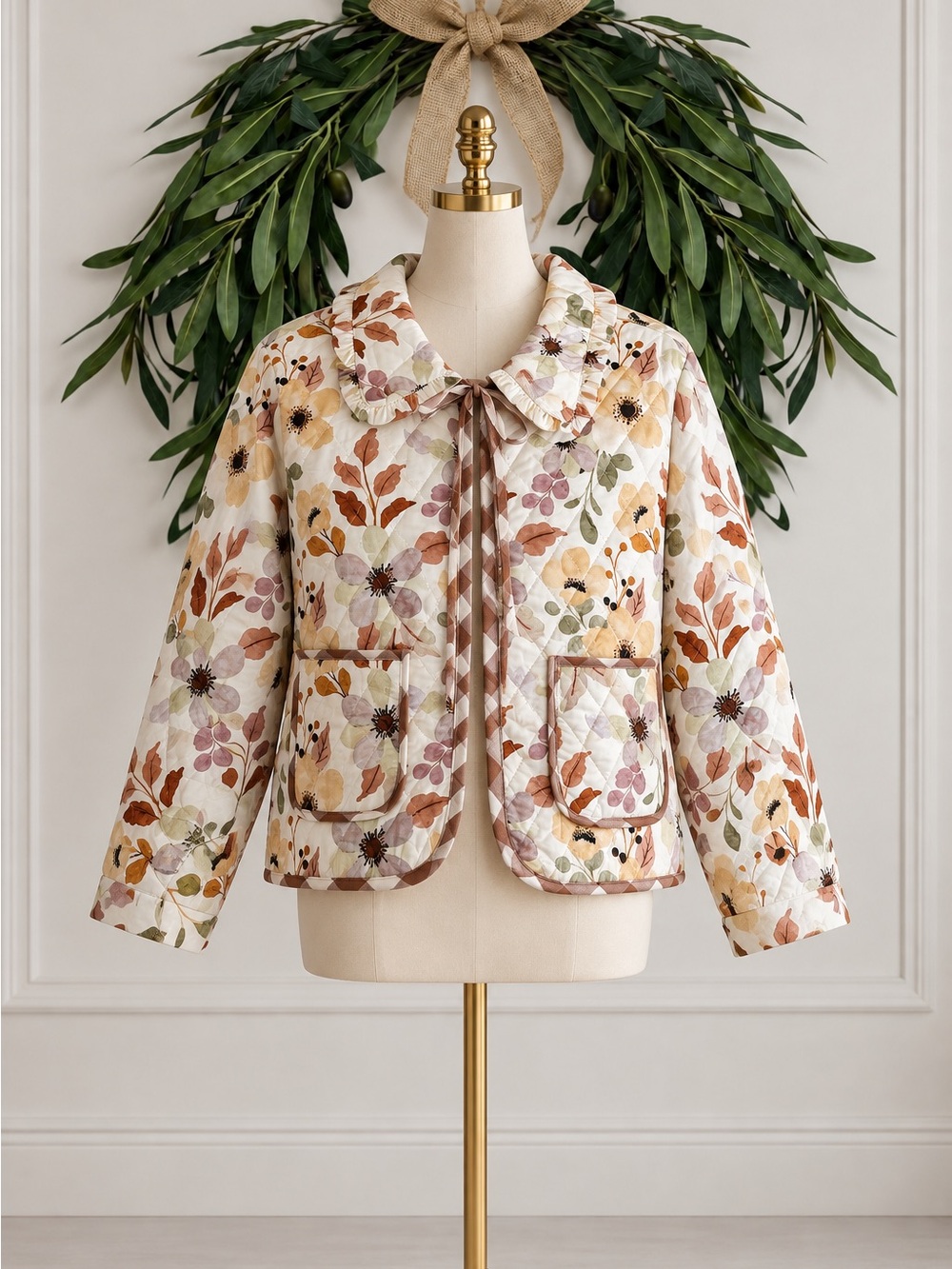 Entro Torin Quilted Jacket Brown Gingham Floral Leaf Pattern Fall Large NWT